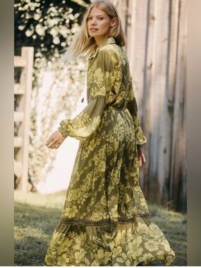 Anthropologie Eleanora Green Floral Long Sleeve Maxi Dress M